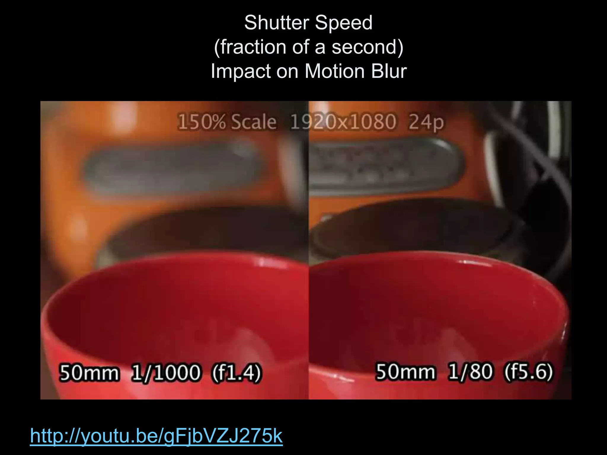 Shutter Speed
                    (fraction of a second)
                   Impact on Motion Blur




http://youtu.be/gFjbVZJ275k
 