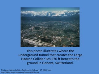 This photo illustrates where the
                     underground tunnel that creates the Large
                      Hadron Collider lies 570 ft beneath the
                          ground in Geneva, Switzerland.
The Large Hadron Collider, Retrieved on February 17, 2010, from
http://blogs.physicstoday.org/industry09/lhc.jpg
 