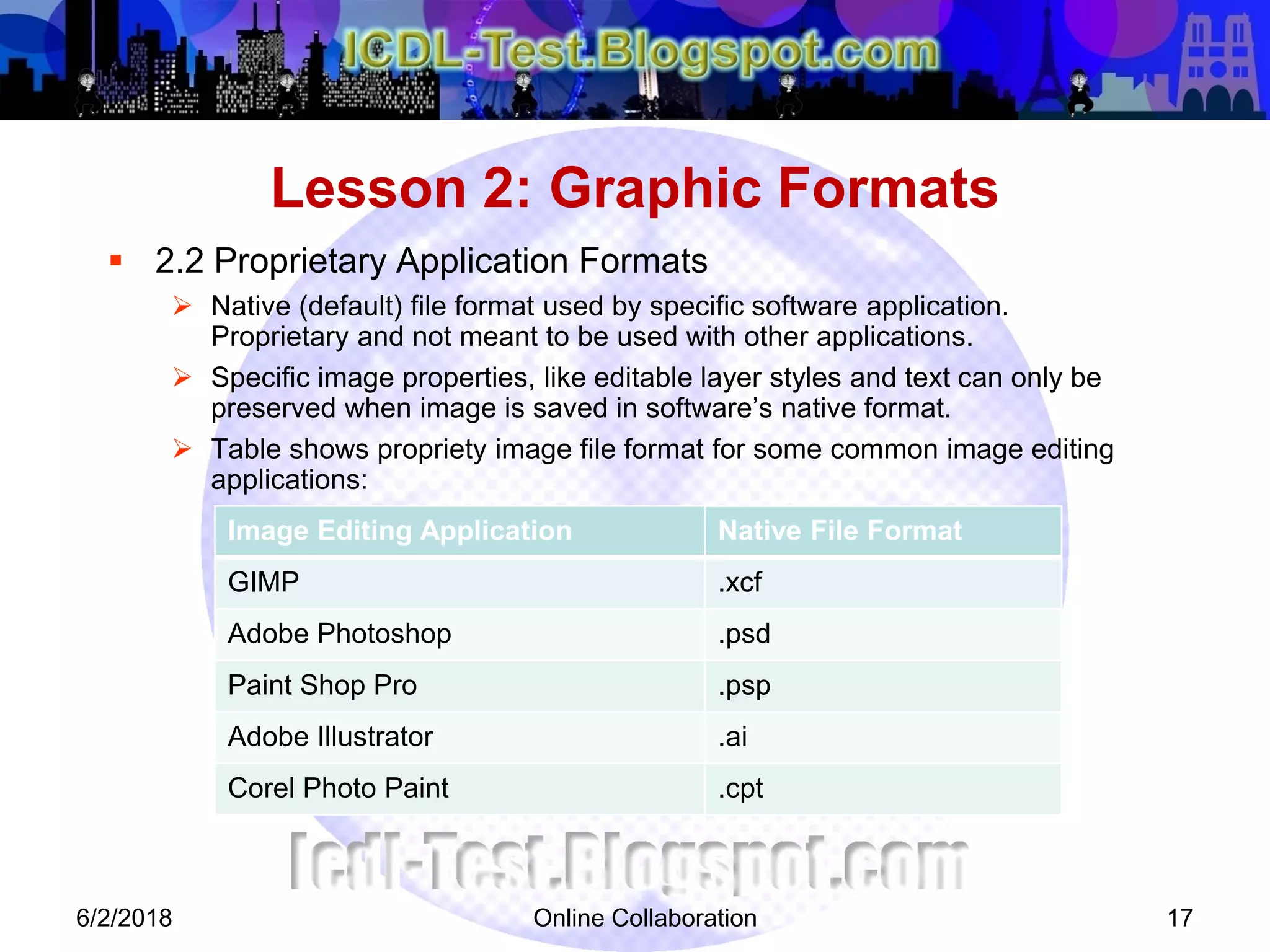 Online Collaboration 17
 2.2 Proprietary Application Formats
 Native (default) file format used by specific software application.
Proprietary and not meant to be used with other applications.
 Specific image properties, like editable layer styles and text can only be
preserved when image is saved in software’s native format.
 Table shows propriety image file format for some common image editing
applications:
Lesson 2: Graphic Formats
6/2/2018
Image Editing Application Native File Format
GIMP .xcf
Adobe Photoshop .psd
Paint Shop Pro .psp
Adobe Illustrator .ai
Corel Photo Paint .cpt
 