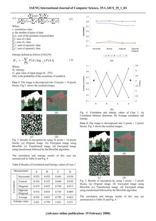 IAENG International Journal of Computer Science, 35:1, IJCS_35_1_03
______________________________________________________________________________________
            n∑(xy) − ∑x∑y
 r=
                                                   1.1

          2
                   [
      n∑(x ) − (∑x) n∑( y ) − (∑y)
                   2     2        2
                                        (1)
                                           ][      0.9                 ]
 Where                                                                                                     0.7




                                                                                     Correlation
 r: correlation value
                                                                                                           0.5
 n: the number of pairs of data
 ∑xy: sum of the products of paired data                                                                   0.3
 ∑x: sum of x data
                                                                                                           0.1
 ∑y: sum of y data
 ∑x2: sum of squared x data                                                                                -0.1
 ∑y2: sum of squared y data                                                                                       Horizontal   Vertical              Diagonal       Opposite
                                                                                                                                                                    Diagonal

 Entropy defined as follows [18]-[19].                                                                                             A         B        C     D
                        G −1
 H             e   = − ∑ P ( k ) log            2   ( P ( k ))              ( 2)                                                       (a)
                        k =0
                                                                                                           1.1                                                          5.5
 Where:
 He: entropy.                                                                                                                                                           5
                                                                                                           0.9
 G: gray value of input image (0... 255).
 P(k): is the probability of the occurrence of symbol k.                                                                                                                4.5



                                                                                     Average correlation
                                                                                                           0.7
                                                                                                                                                                        4




                                                                                                                                                                               Entropy
 Case 1: The image is decomposed into 10 pixels × 10 pixels                                                0.5
 blocks. Fig.3. shows the resulted images.                                                                                                                              3.5
                                                                                                           0.3
                                                                                                                                                                        3

                                                                                                           0.1                                                          2.5

                                                                                                           -0.1                                                         2
                                                                                                                     A         B                 C              D


                                                                                                               (b)
                                (a)                              (b)               Fig. 4. Correlation and entropy values of Case 1. (a)
                                                                                   Correlation between directions. (b) Average correlation and
                                                                                   entropy.
                                                                                   Case 2: The image is decomposed into 5 pixels × 5 pixels
                                                                                   blocks. Fig. 5 shows the resulted images.


                  (c)                    (d)
 Fig. 3. Results of encryption by using 10 pixels × 10 pixels
 blocks. (a) Original image. (b) Encrypted image using
 Blowfish. (c) Transformed image. (d) Encrypted image
 using transformed followed by the Blowfish algorithm.
                                                                                                                         (a)                              (b)
 The correlation and entropy results of this case are
 summarized in Table II and Fig. 4

 Table II Results of Correlation and Entropy values of Case 1.

     Measurement                       A              B            C        D
                   Horizontal         0.933         0.035        0.843     0.034                    (c)                   (d)
                   Vertical           0.936         0.107        0.844     0.038   Fig. 5. Results of encryption by using 5 pixels × 5 pixels
 Correlation




                                                                                   blocks. (a) Original image. (b) Encrypted image using
                   Diagonal           0.919         0.032        0.748     0.013   Blowfish. (c) Transformed image. (d) Encrypted image
                   Opposite                                                        using transformed followed by the Blowfish algorithm.
                                      0.916         0.034        0.745     0.009
                   Diagonal
                   Average            0.926         0.052        0.795     0.023   The correlation and entropy results of this case are
                                                                                   summarized in Table III and Fig. 6.
    Entropy value                     2.431         4.799        2.431     5.231



                                                     (Advance online publication: 19 February 2008)
 