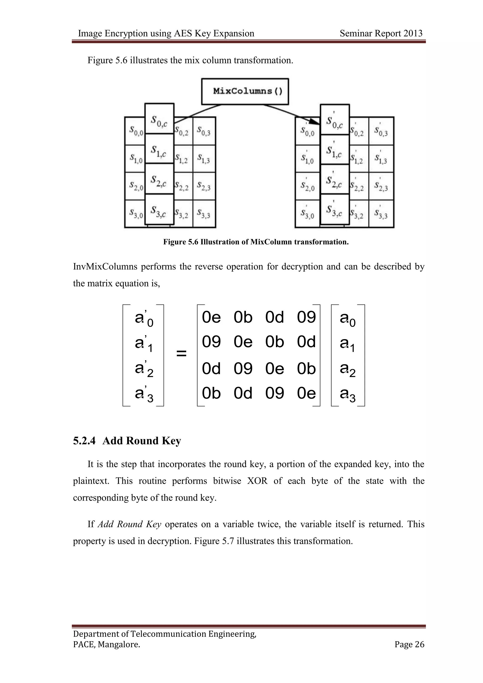 Image Encryption using AES Key Expansion Seminar Report 2013
Department of Telecommunication Engineering,
PACE, Mangalore. Page 26
Figure 5.6 illustrates the mix column transformation.
Figure 5.6 Illustration of MixColumn transformation.
InvMixColumns performs the reverse operation for decryption and can be described by
the matrix equation is,
5.2.4 Add Round Key
It is the step that incorporates the round key, a portion of the expanded key, into the
plaintext. This routine performs bitwise XOR of each byte of the state with the
corresponding byte of the round key.
If Add Round Key operates on a variable twice, the variable itself is returned. This
property is used in decryption. Figure 5.7 illustrates this transformation.
0e090d0b
0b0e090d
0d0b0e09
090d0b0e
0e090d0b
0b0e090d
0d0b0e09
090d0b0e
a3
a2
a1
a0
a3
a2
a1
a0
a’
3
a’
2
a’
1
a’
0
a’
3
a’
2
a’
1
a’
0
=
 