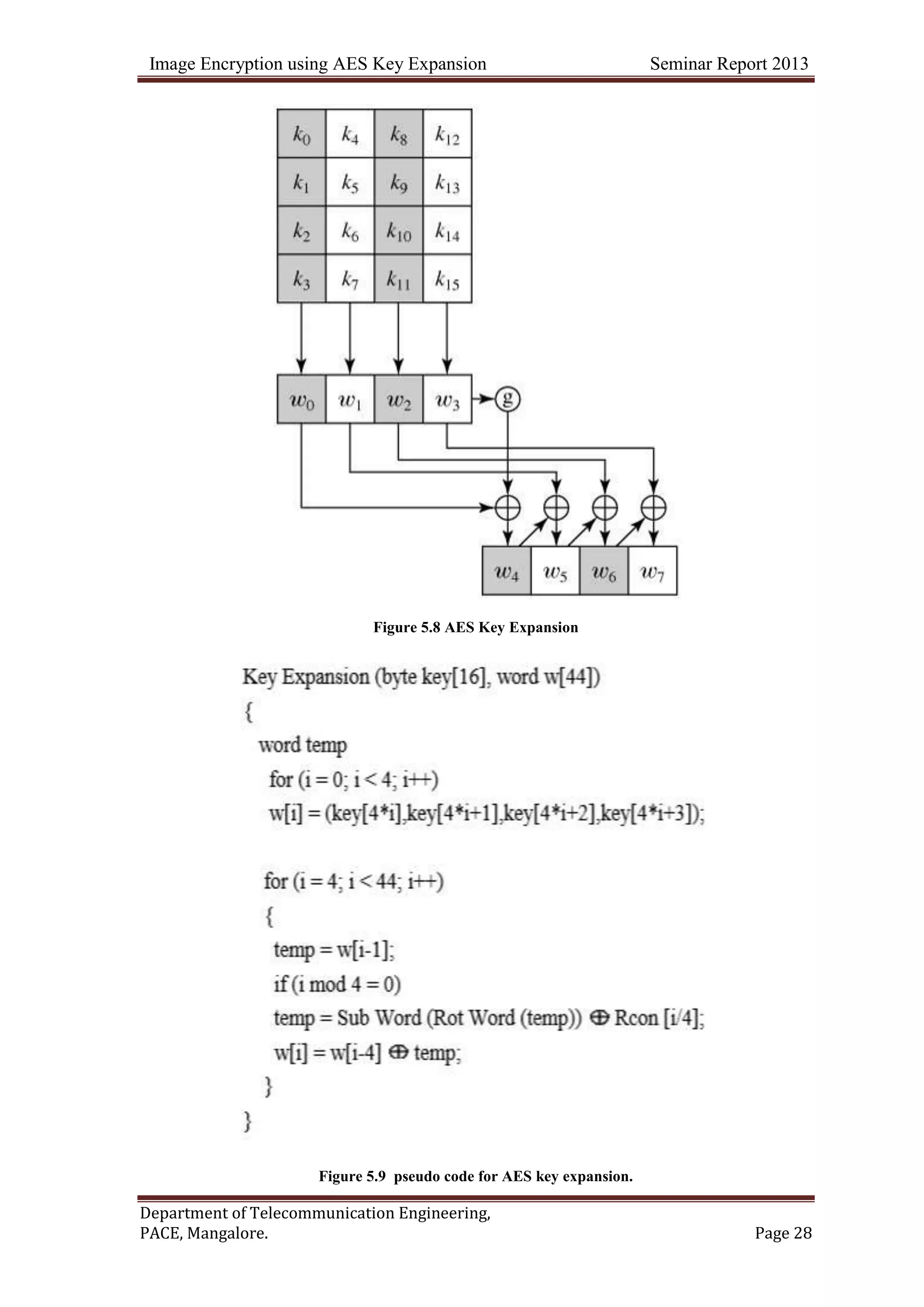 Image Encryption using AES Key Expansion Seminar Report 2013
Department of Telecommunication Engineering,
PACE, Mangalore. Page 28
Figure 5.8 AES Key Expansion
Figure 5.9 pseudo code for AES key expansion.
 