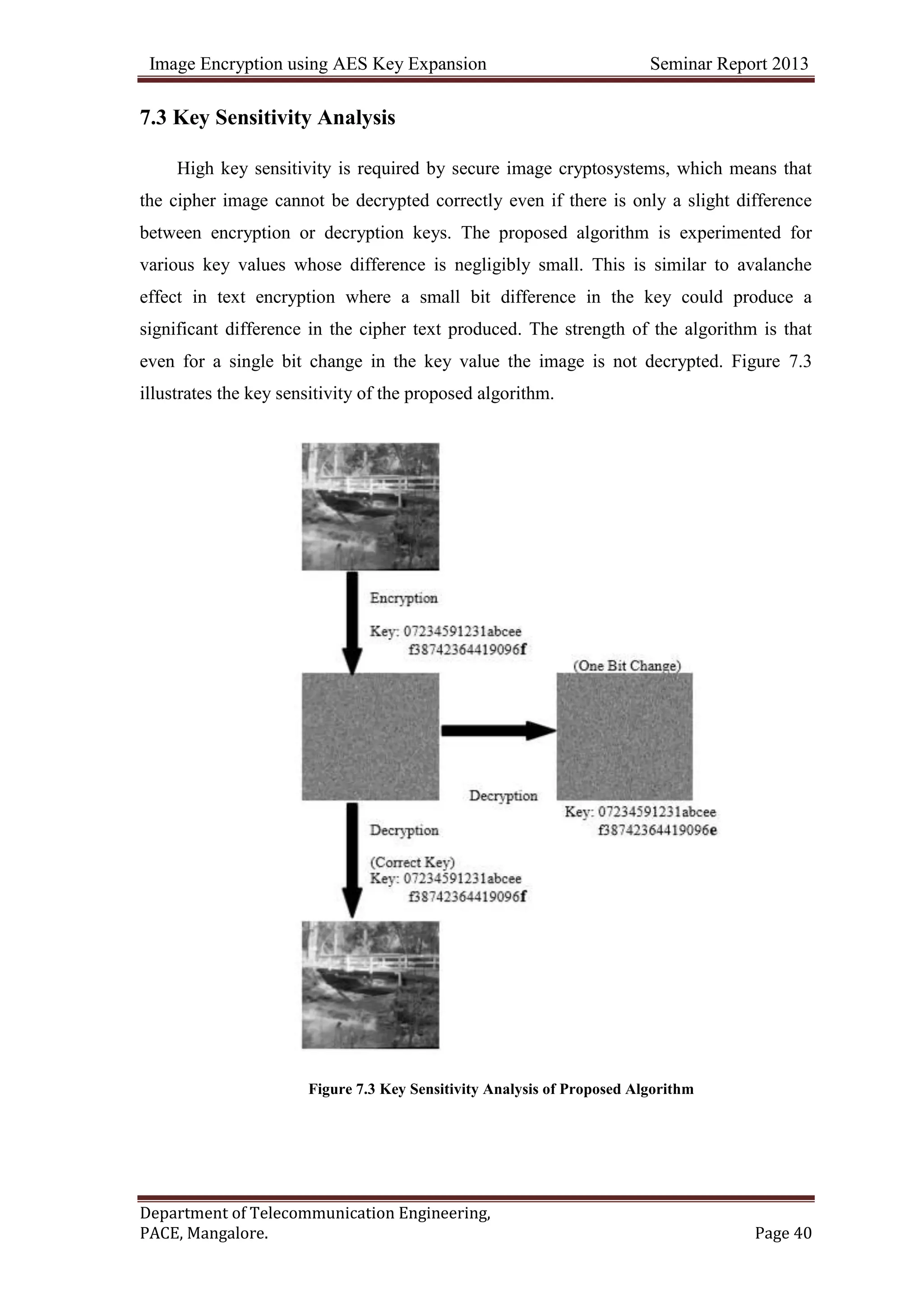 Image Encryption using AES Key Expansion Seminar Report 2013
Department of Telecommunication Engineering,
PACE, Mangalore. Page 40
7.3 Key Sensitivity Analysis
High key sensitivity is required by secure image cryptosystems, which means that
the cipher image cannot be decrypted correctly even if there is only a slight difference
between encryption or decryption keys. The proposed algorithm is experimented for
various key values whose difference is negligibly small. This is similar to avalanche
effect in text encryption where a small bit difference in the key could produce a
significant difference in the cipher text produced. The strength of the algorithm is that
even for a single bit change in the key value the image is not decrypted. Figure 7.3
illustrates the key sensitivity of the proposed algorithm.
Figure 7.3 Key Sensitivity Analysis of Proposed Algorithm
 