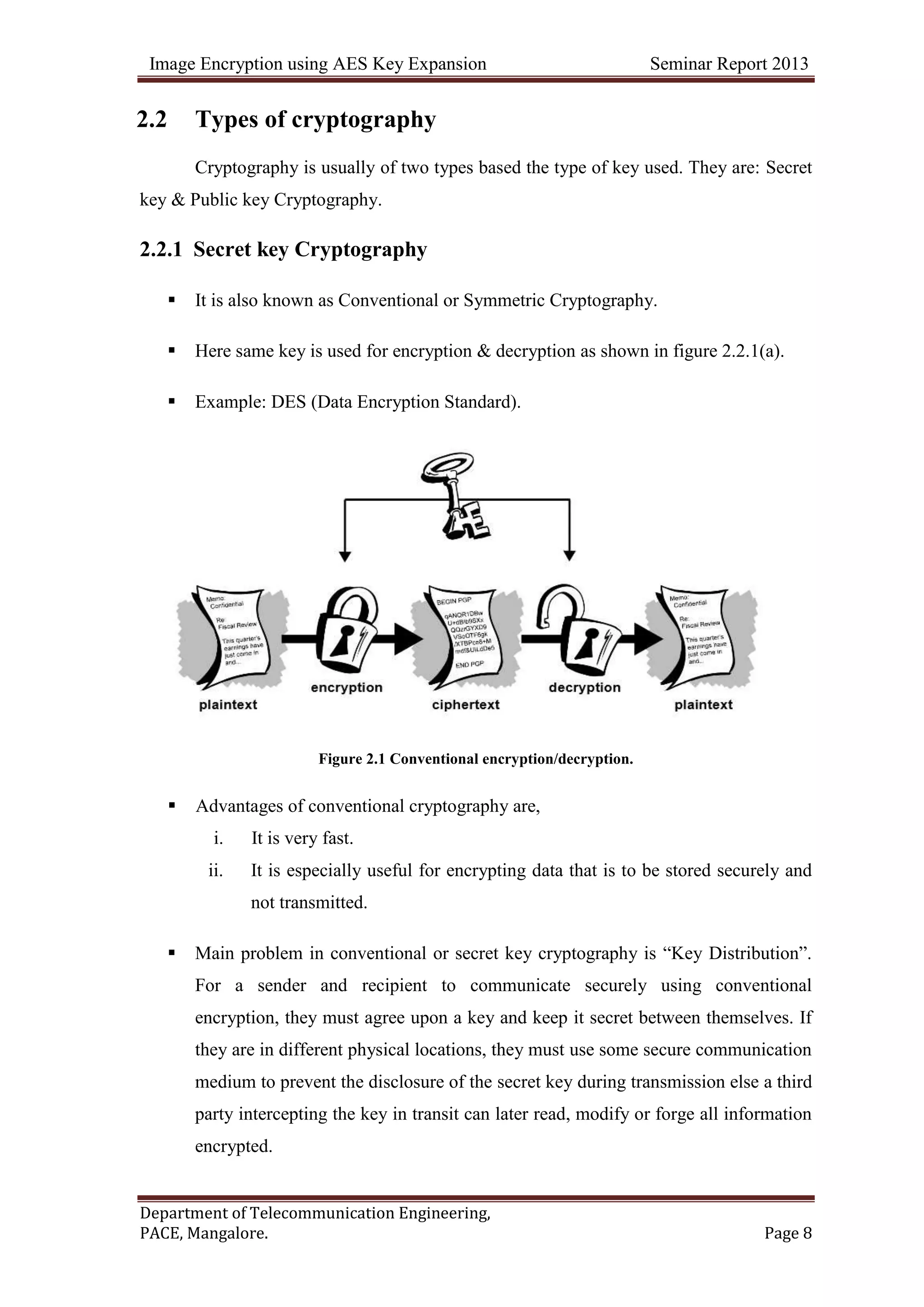 Image Encryption using AES Key Expansion Seminar Report 2013
Department of Telecommunication Engineering,
PACE, Mangalore. Page 8
2.2 Types of cryptography
Cryptography is usually of two types based the type of key used. They are: Secret
key & Public key Cryptography.
2.2.1 Secret key Cryptography
 It is also known as Conventional or Symmetric Cryptography.
 Here same key is used for encryption & decryption as shown in figure 2.2.1(a).
 Example: DES (Data Encryption Standard).
Figure 2.1 Conventional encryption/decryption.
 Advantages of conventional cryptography are,
i. It is very fast.
ii. It is especially useful for encrypting data that is to be stored securely and
not transmitted.
 Main problem in conventional or secret key cryptography is ―Key Distribution‖.
For a sender and recipient to communicate securely using conventional
encryption, they must agree upon a key and keep it secret between themselves. If
they are in different physical locations, they must use some secure communication
medium to prevent the disclosure of the secret key during transmission else a third
party intercepting the key in transit can later read, modify or forge all information
encrypted.
 