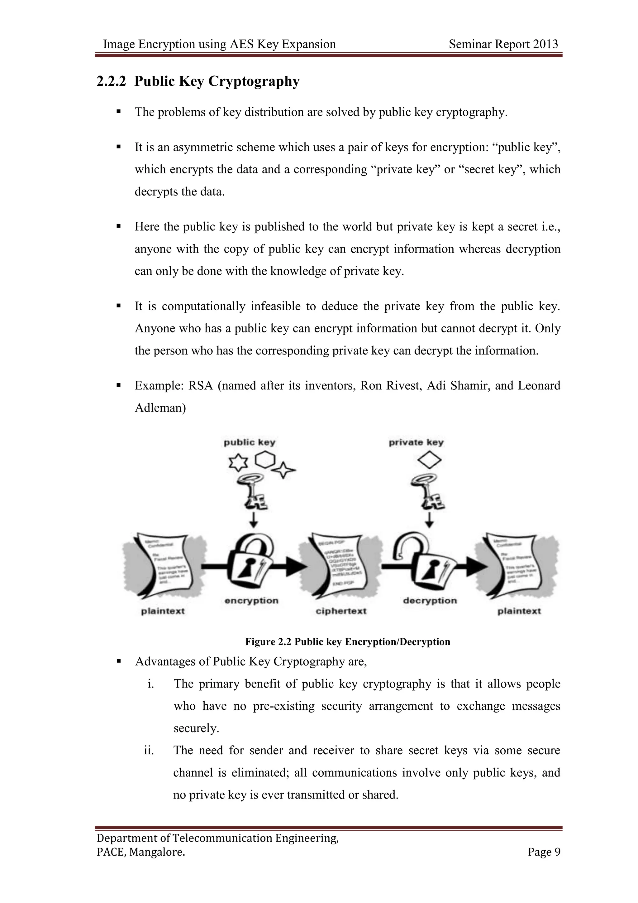 Image Encryption using AES Key Expansion Seminar Report 2013
Department of Telecommunication Engineering,
PACE, Mangalore. Page 9
2.2.2 Public Key Cryptography
 The problems of key distribution are solved by public key cryptography.
 It is an asymmetric scheme which uses a pair of keys for encryption: ―public key‖,
which encrypts the data and a corresponding ―private key‖ or ―secret key‖, which
decrypts the data.
 Here the public key is published to the world but private key is kept a secret i.e.,
anyone with the copy of public key can encrypt information whereas decryption
can only be done with the knowledge of private key.
 It is computationally infeasible to deduce the private key from the public key.
Anyone who has a public key can encrypt information but cannot decrypt it. Only
the person who has the corresponding private key can decrypt the information.
 Example: RSA (named after its inventors, Ron Rivest, Adi Shamir, and Leonard
Adleman)
Figure 2.2 Public key Encryption/Decryption
 Advantages of Public Key Cryptography are,
i. The primary benefit of public key cryptography is that it allows people
who have no pre-existing security arrangement to exchange messages
securely.
ii. The need for sender and receiver to share secret keys via some secure
channel is eliminated; all communications involve only public keys, and
no private key is ever transmitted or shared.
 