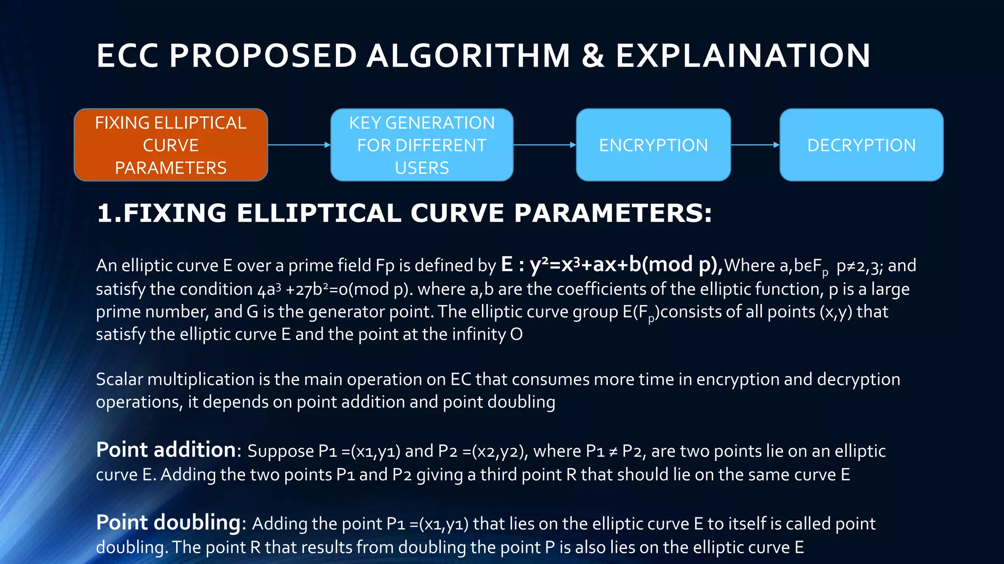 ECC PROPOSED ALGORITHM & EXPLAINATION
FIXING ELLIPTICAL
CURVE
PARAMETERS
KEY GENERATION
FOR DIFFERENT
USERS
ENCRYPTION DECRYPTION
1.FIXING ELLIPTICAL CURVE PARAMETERS:
An elliptic curve E over a prime field Fp is defined by E : y2=x3+ax+b(mod p),Where a,bєFp p≠2,3; and
satisfy the condition 4a3 +27b2=0(mod p). where a,b are the coefficients of the elliptic function, p is a large
prime number, and G is the generator point.The elliptic curve group E(Fp)consists of all points (x,y) that
satisfy the elliptic curve E and the point at the infinity O
Scalar multiplication is the main operation on EC that consumes more time in encryption and decryption
operations, it depends on point addition and point doubling
Point addition: Suppose P1 =(x1,y1) and P2 =(x2,y2), where P1 ≠ P2, are two points lie on an elliptic
curve E. Adding the two points P1 and P2 giving a third point R that should lie on the same curve E
Point doubling: Adding the point P1 =(x1,y1) that lies on the elliptic curve E to itself is called point
doubling.The point R that results from doubling the point P is also lies on the elliptic curve E
 