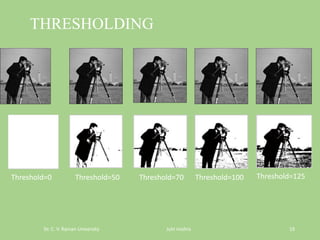 Dr. C. V. Raman University Juhi mishra 19
THRESHOLDING
Threshold=0 Threshold=50 Threshold=70 Threshold=100 Threshold=125
 