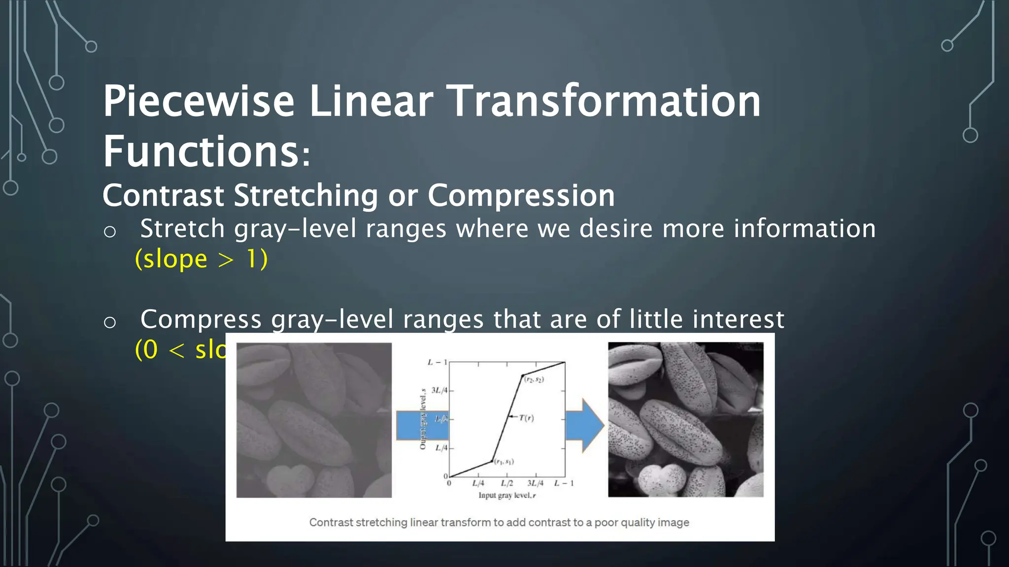 Piecewise Linear Transformation
Functions:
Contrast Stretching or Compression
o Stretch gray-level ranges where we desire more information
(slope > 1)
o Compress gray-level ranges that are of little interest
(0 < slope < 1)
 