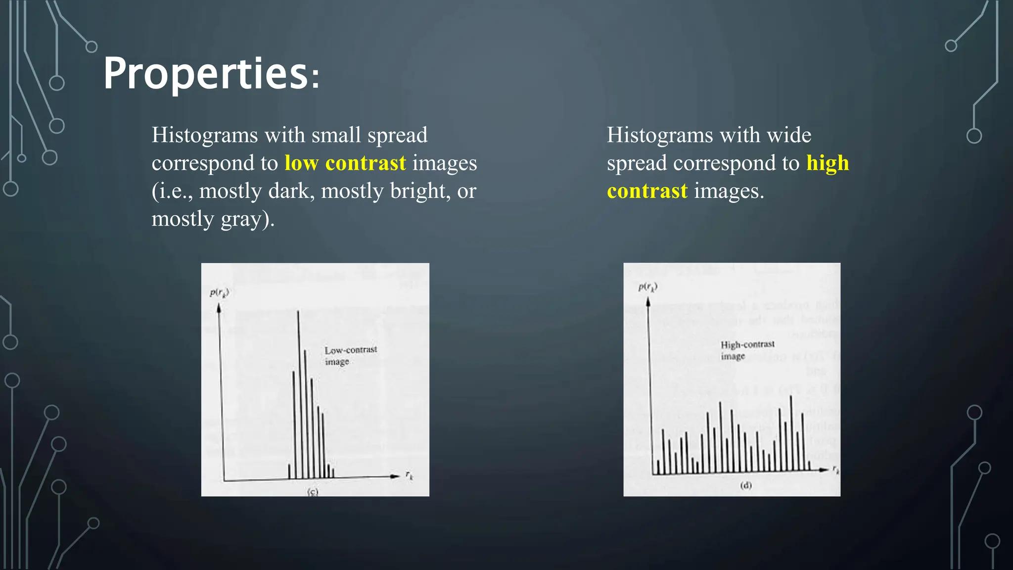 Properties:
Histograms with small spread
correspond to low contrast images
(i.e., mostly dark, mostly bright, or
mostly gray).
Histograms with wide
spread correspond to high
contrast images.
 