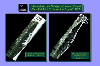 Calibrated Airborne Multispectral Scanner Data of 
Murrells Inlet, S.C. Obtained on August 2, 1997 
Calibrated Airborne Multispectral Scanner Data of 
Murrells Inlet, S.C. Obtained on August 2, 1997 
Natural Color Composite 
(Bands 3,2,1 = RGB) 
Natural Color Composite 
(Bands 3,2,1 = RGB) 
Masked and Contrast 
Stretched Color 
Masked and Contrast 
Stretched Color 
Composite 
Composite 
 