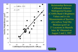 Relationship Between 
Calibrated Airborne 
Multispectral Scanner 
Relationship Between 
Calibrated Airborne 
Multispectral Scanner 
(CAMS) Band 6 Brightness 
(CAMS) Band 6 Brightness 
Values and in situ 
Values and in situ 
Measurements of Spartina 
alterniflora Total Dry 
Measurements of Spartina 
alterniflora Total Dry 
Biomass (g/m2) at 
Biomass (g/m2) at 
27 Locations in Murrells 
Inlet, SC Obtained on 
August 2 and 3, 1997 
27 Locations in Murrells 
Inlet, SC Obtained on 
August 2 and 3, 1997 
JeJnesnesne,n ,2 0200000 
 