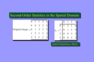 Second-Order Statistics Second-Order Statistics iinn tthhee SSppaattiiaall DDoommaaiinn 
Original image = 
0 1 1 2 3 
0 0 2 3 3 
0 1 2 2 3 
1 2 3 2 2 
2 2 3 3 2 
Original image = 
0 1 1 2 3 
0 0 2 3 3 
0 1 2 2 3 
1 2 3 2 2 
2 2 3 3 2 
h c = 
0 1 2 3 
0 1 2 1 0 
1 0 1 3 0 
2 0 0 3 5 
3 0 0 2 2 
h c = 
0 1 2 3 
0 1 2 1 0 
1 0 1 3 0 
2 0 0 3 5 
3 0 0 2 2 
SSppaatitaial lD Deeppeennddeennccyy M Maatrtrixix 
 