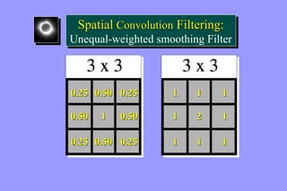 Spatial Convolution Filtering: 
Unequal-weighted smoothing Filter 
Spatial Convolution Filtering: 
Unequal-weighted smoothing Filter 
0.25 0.50 0.25 
0.50 1 0.50 
0.25 0.50 0.25 
1 1 1 
1 2 1 
1 1 1 
 