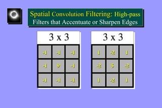 Spatial Convolution Filtering: High-pass 
Filters that Accentuate or Sharpen Edges 
Spatial Convolution Filtering: High-pass 
Filters that Accentuate or Sharpen Edges 
-1 -1 -1 
-1 9 -1 
-1 -1 -1 
1 -2 1 
-2 5 -2 
1 -2 1 
 