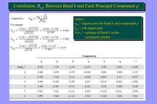 Correlation, Rk,pCorrelation, R , Between Band k and Each Principal Component p k,p, Between Band k and Each Principal Component p 
where: 
ak,p = eigenvector for band k and component p 
lp = pth eigenvalue 
Vark = variance of band k in the 
where: 
ak,p = eigenvector for band k and component p 
lp = pth eigenvalue 
Vark = variance of band k in the 
covariance matrix 
covariance matrix 
 