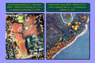 Litton Emerge Spatial, Inc., CIR image 
(RGB = NIR,R,G) of Dunkirk, NY, at 1 x 
1 m obtained on December 12, 1998. 
Litton Emerge Spatial, Inc., CIR image 
(RGB = NIR,R,G) of Dunkirk, NY, at 1 x 
1 m obtained on December 12, 1998. 
Natural color image (RGB = RGB) of a N.Y. 
Power Authority lake at 1 x 1 ft obtained on 
Natural color image (RGB = RGB) of a N.Y. 
Power Authority lake at 1 x 1 ft obtained on 
October 13, 1997. 
October 13, 1997. 
 