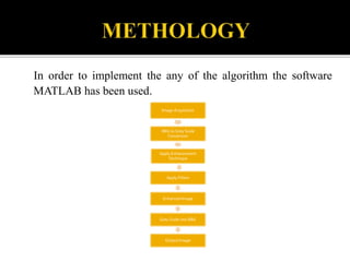 In order to implement the any of the algorithm the software
MATLAB has been used.
Image Acquisition
RBG to Grey Scale
Conversion
Apply Enhancement
Technique
Apply Filters
Enhanced Image
Grey Scale into RBG
Output Image
 