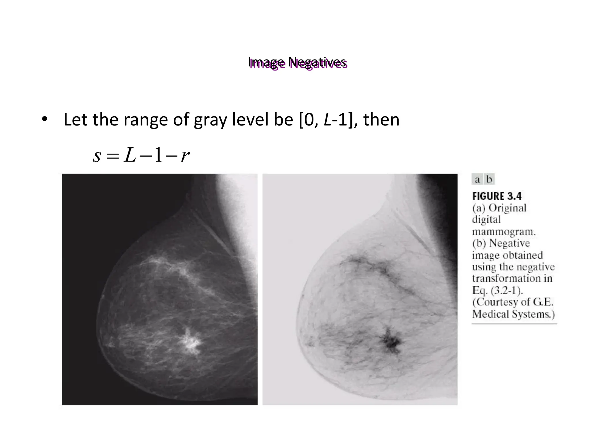 Image Negatives
r
L
s 

 1
• Let the range of gray level be [0, L-1], then
 