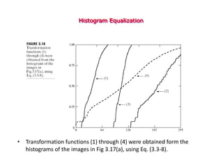 Histogram Equalization
• Transformation functions (1) through (4) were obtained form the
histograms of the images in Fig 3.17(a), using Eq. (3.3-8).
 