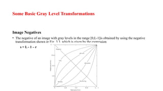 Some Basic Gray Level Transformations
Image Negatives
• The negative of an image with gray levels in the range [0,L-1]is obtained by using the negative
transformation shown in Fig. 3.3, which is given by the expression
s = L - 1 – r
 