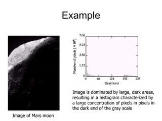 Example
Image of Mars moon
Image is dominated by large, dark areas,
resulting in a histogram characterized by
a large concentration of pixels in pixels in
the dark end of the gray scale
 
