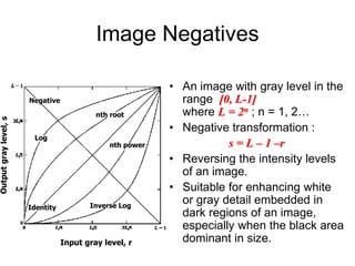 Image Negatives
• An image with gray level in the
range [0, L-1]
where L = 2n ; n = 1, 2…
• Negative transformation :
s = L – 1 –r
• Reversing the intensity levels
of an image.
• Suitable for enhancing white
or gray detail embedded in
dark regions of an image,
especially when the black area
dominant in size.
Input gray level, r
Negative
Log
nth root
Identity
nth power
Inverse Log
 