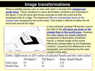 Image transformations
When a satellite passes over an area with relief, it records both shaded and
sunlit areas. These variations in scene illumination conditions are illustrated in
the figure. A red silt stone bed shows outcrops on both the sunlit and the
shadowed side of a ridge. The observed DNs are substantially lower on the
shaded side compared to the sunlit areas. This makes it difficult to follow the silt
stone bed around the ridge.
In the individual Landsat-TM bands 3 and 4,
the DNs of the silt stone are lower in the
shaded than in the sunlit areas. However,
the ratio values are nearly identical,
irrespective of illumination conditions.
Hence, a ratioed image of the scene
effectively compensates for the brightness
variation, caused by the differences in the
topography and emphasizes by the color
content of the data.

 