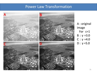 Power Law Transformation
DIGITAL IMAGE PROCESSING 35
A
D
C
B
A : original
image
For c=1
B : γ =3.0
C : γ =4.0
D : γ =5.0
 