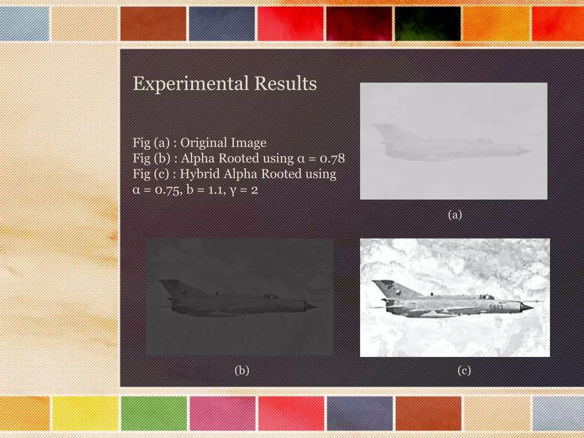 Experimental Results
Fig (a) : Original Image
Fig (b) : Alpha Rooted using α = 0.78
Fig (c) : Hybrid Alpha Rooted using
α = 0.75, b = 1.1, γ = 2
(a)
(b) (c)
 