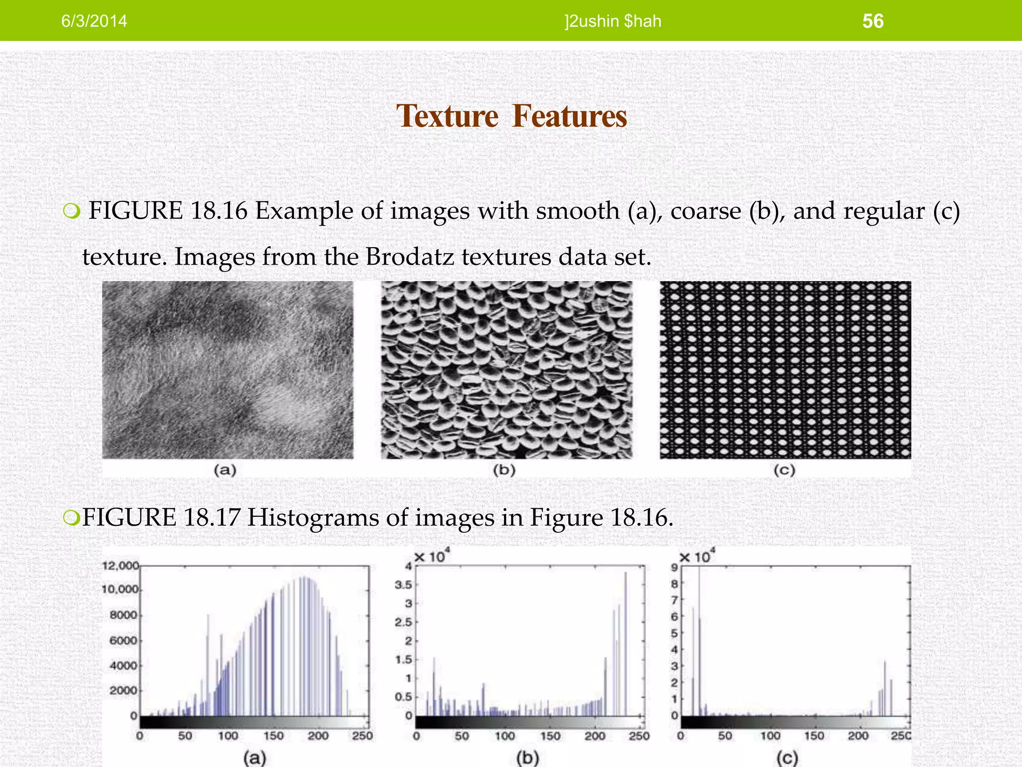 Texture Features
 FIGURE 18.16 Example of images with smooth (a), coarse (b), and regular (c)
texture. Images from the Brodatz textures data set.
FIGURE 18.17 Histograms of images in Figure 18.16.
6/3/2014 ]2ushin $hah 56
 