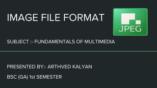 IMAGE FILE FORMAT
SUBJECT :- FUNDAMENTALS OF MULTIMEDIA
PRESENTED BY:- ARTHVED KALYAN
BSC (GA) 1st SEMESTER
 