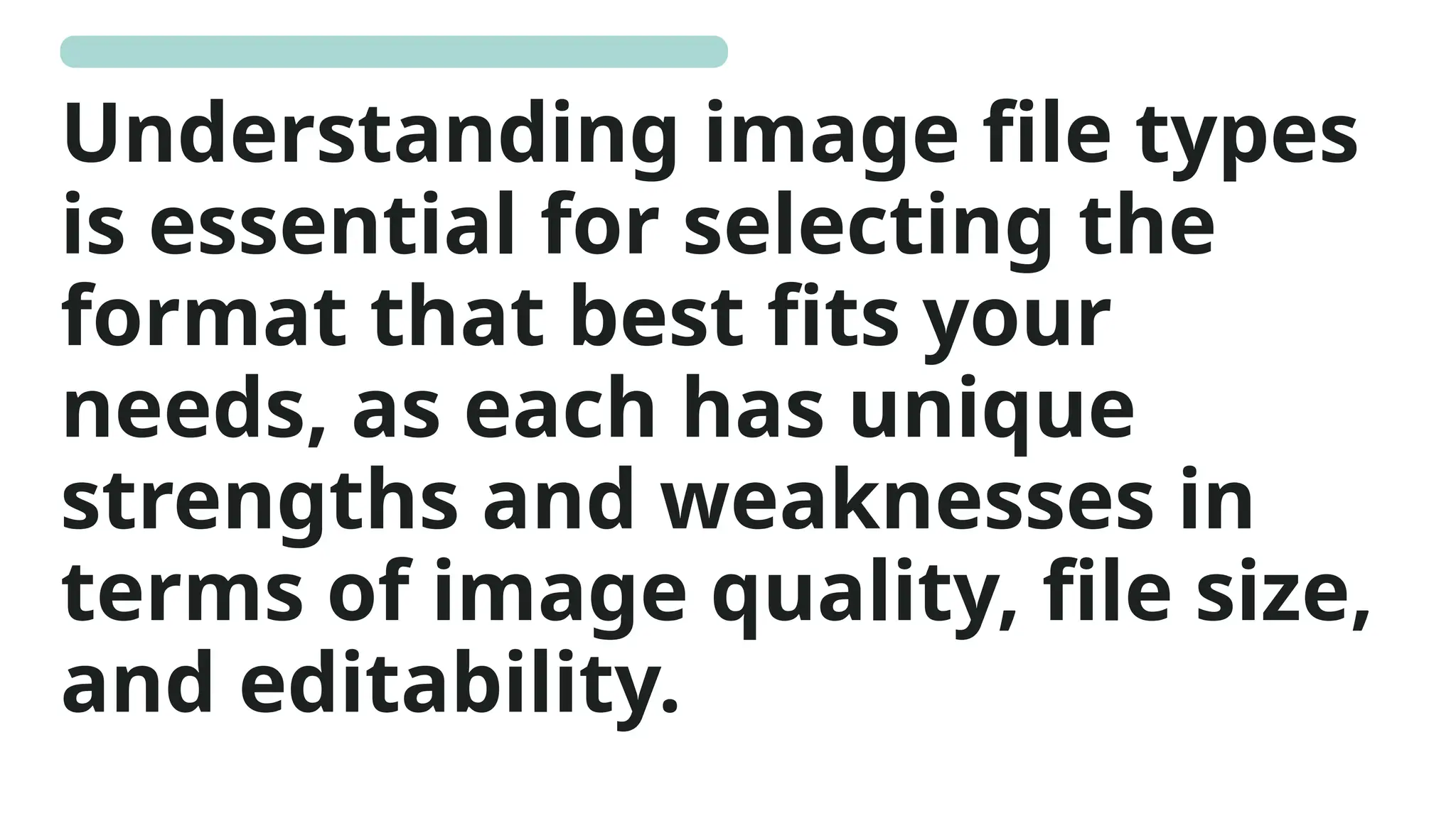 Understanding image file types
is essential for selecting the
format that best fits your
needs, as each has unique
strengths and weaknesses in
terms of image quality, file size,
and editability.
 