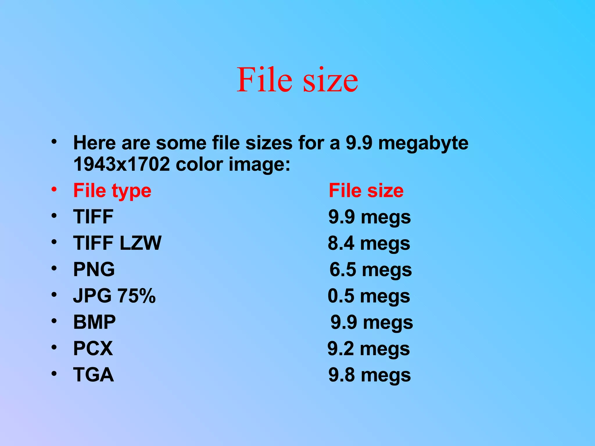 File size Here are some file sizes for a 9.9 megabyte 1943x1702 color image:  File type  File size TIFF  9.9 megs TIFF LZW  8.4 megs PNG  6.5 megs JPG 75%  0.5 megs BMP  9.9 megs PCX  9.2 megs TGA  9.8 megs 