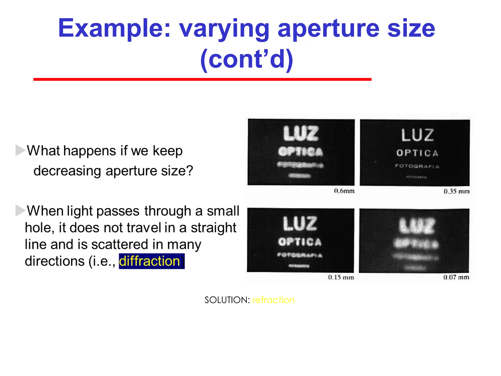 Example: varying aperture size
(cont’d)
SOLUTION: refraction
 
