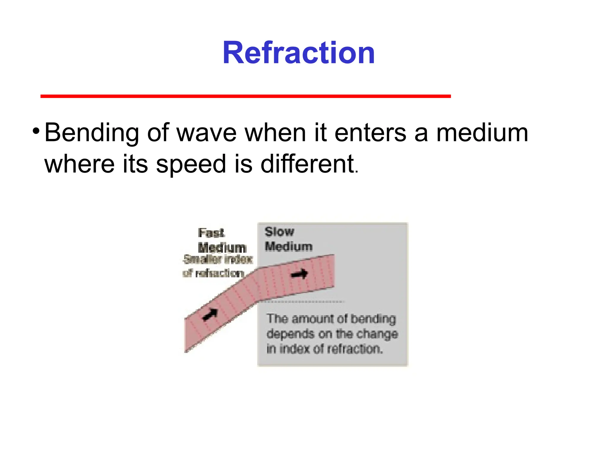 Refraction
•Bending of wave when it enters a medium
where its speed is different.
 
