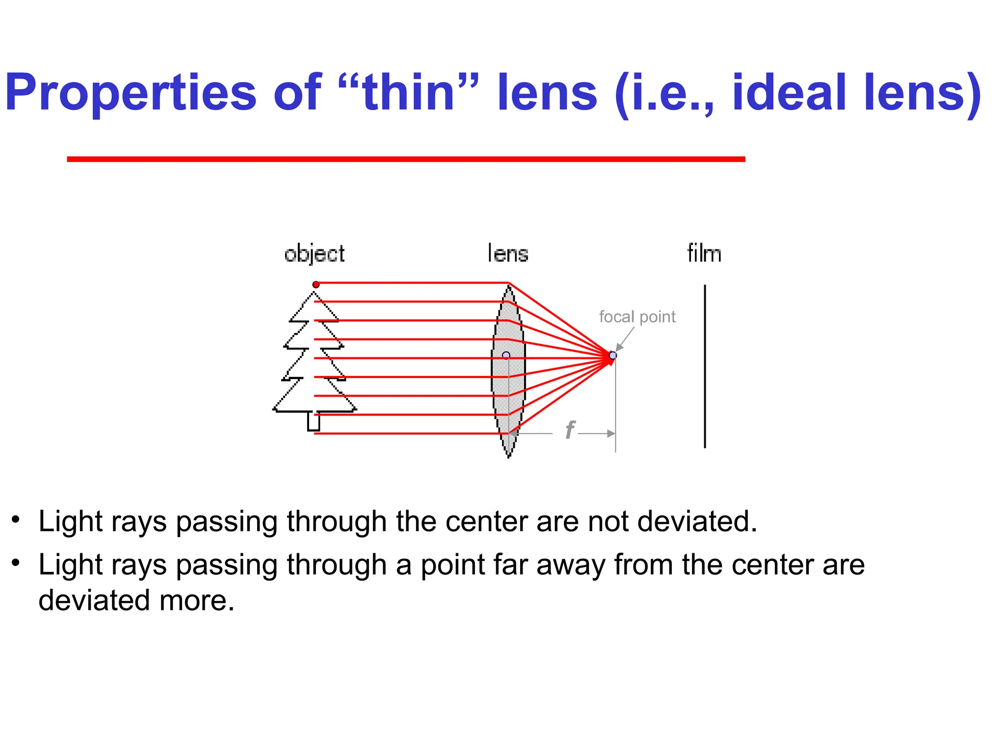 Properties of “thin” lens (i.e., ideal lens)
• Light rays passing through the center are not deviated.
• Light rays passing through a point far away from the center are
deviated more.
focal point
f
 