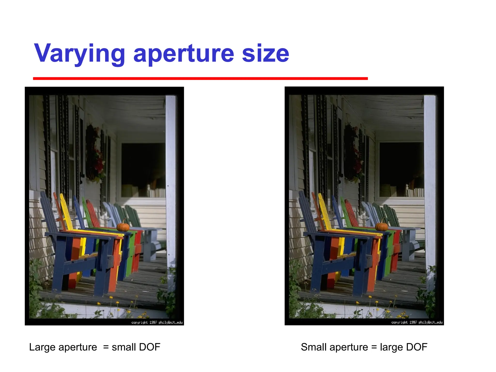 Varying aperture size
Large aperture = small DOF Small aperture = large DOF
 