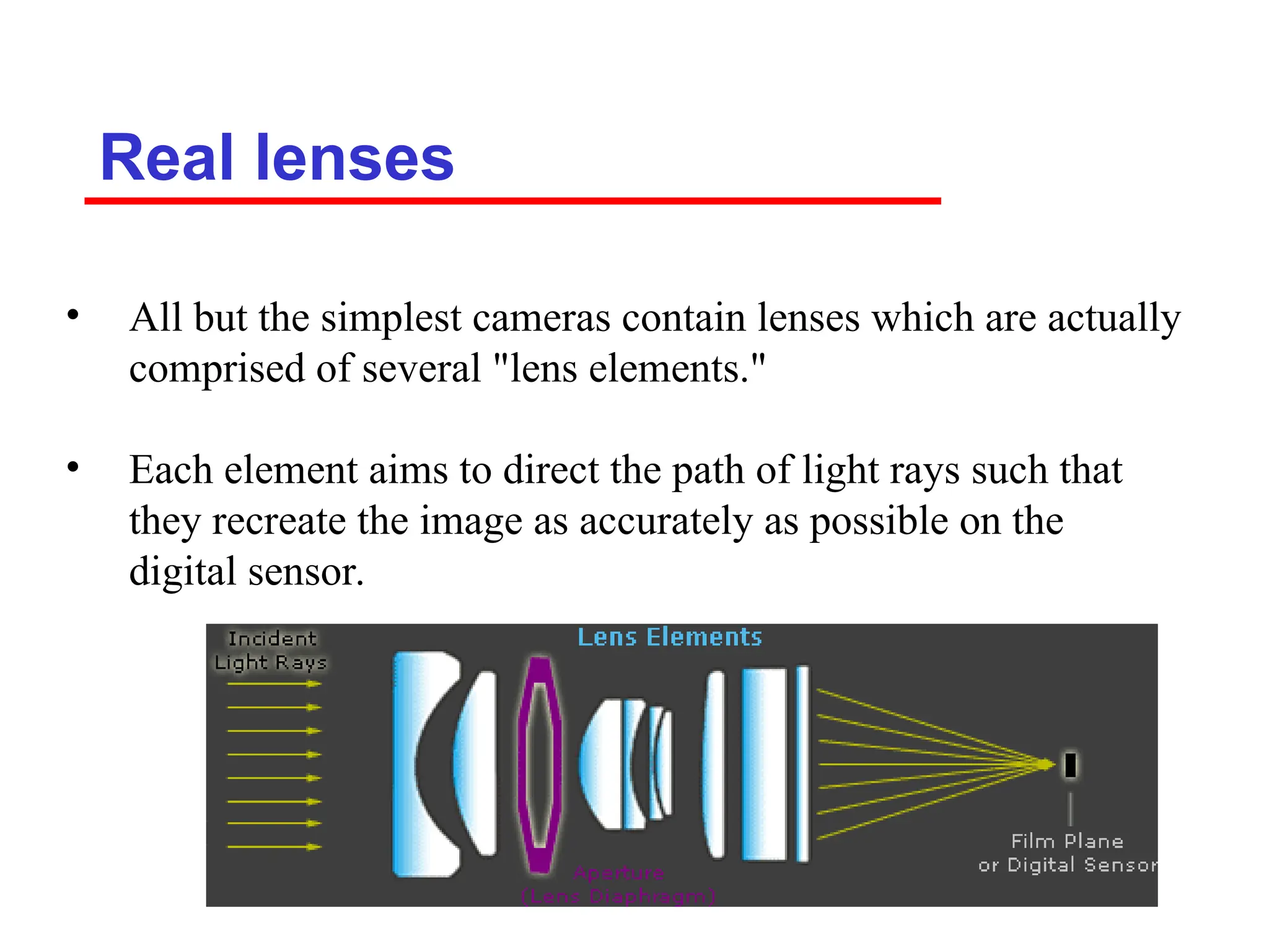 Real lenses
• All but the simplest cameras contain lenses which are actually
comprised of several "lens elements."
• Each element aims to direct the path of light rays such that
they recreate the image as accurately as possible on the
digital sensor.
 