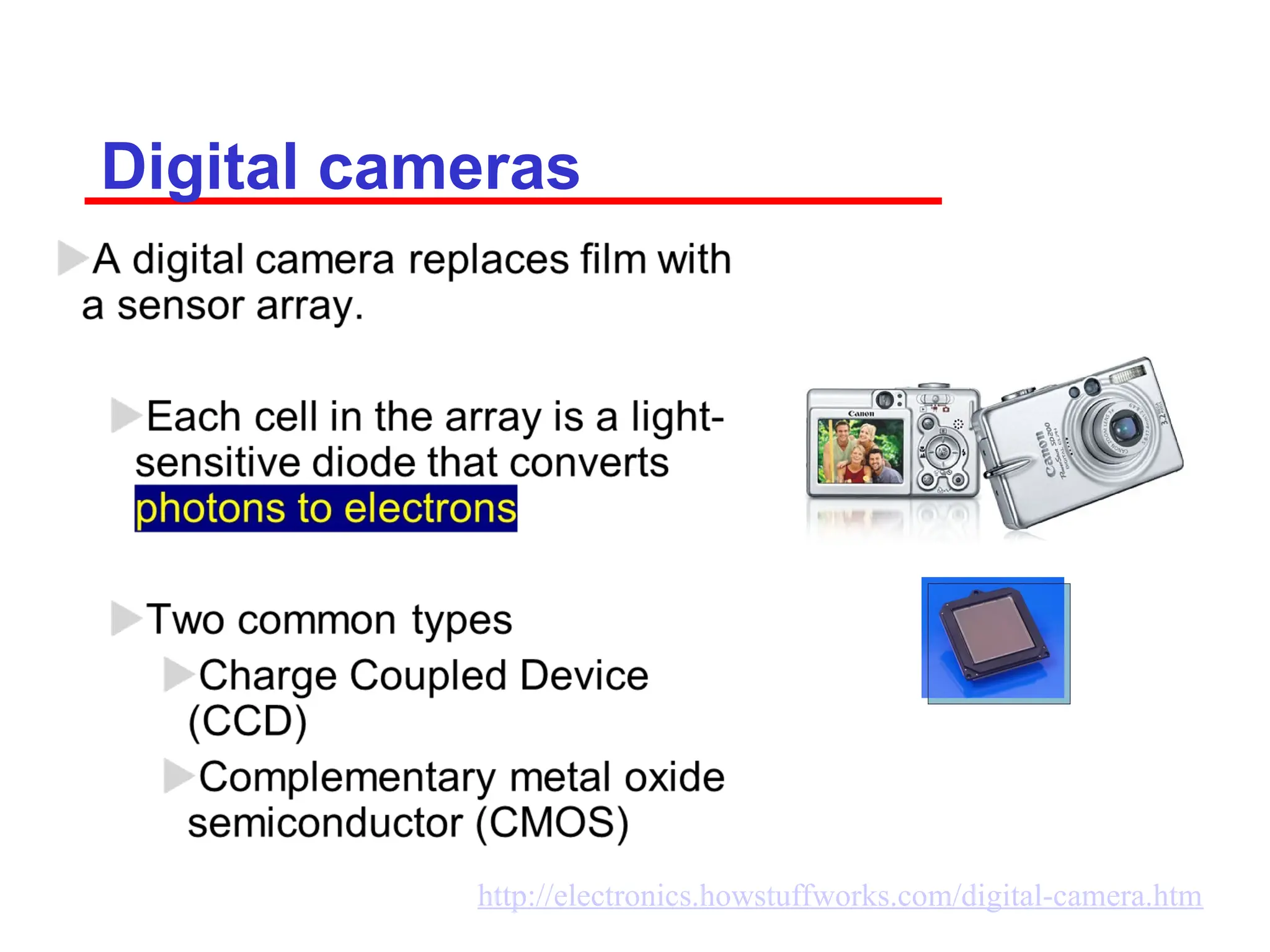 Digital cameras
http://electronics.howstuffworks.com/digital-camera.htm
 