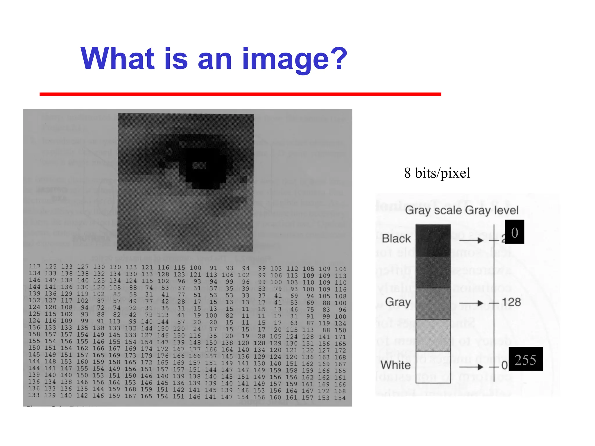 What is an image?
8 bits/pixel
0
255
 