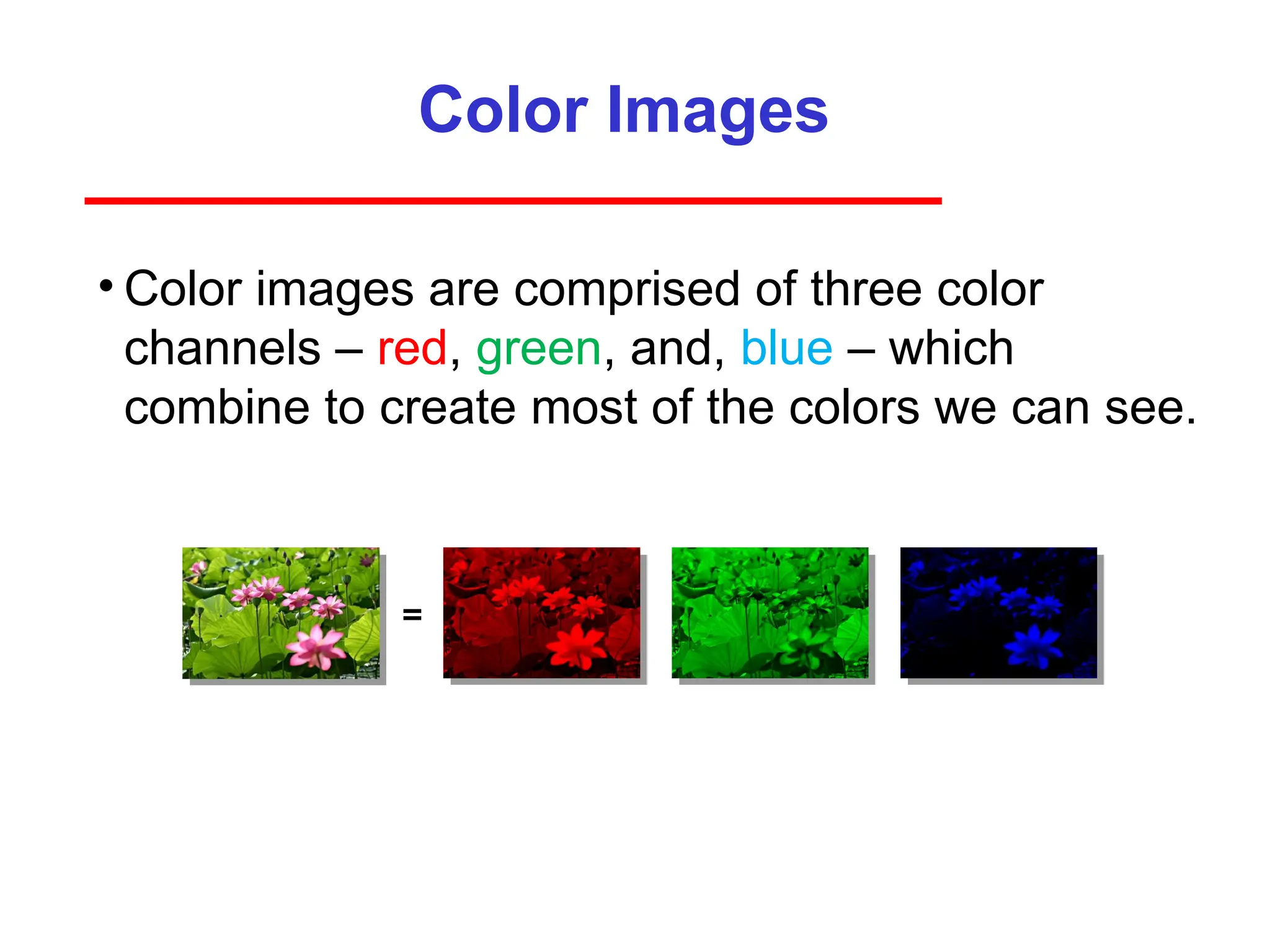Color Images
• Color images are comprised of three color
channels – red, green, and, blue – which
combine to create most of the colors we can see.
=
 
