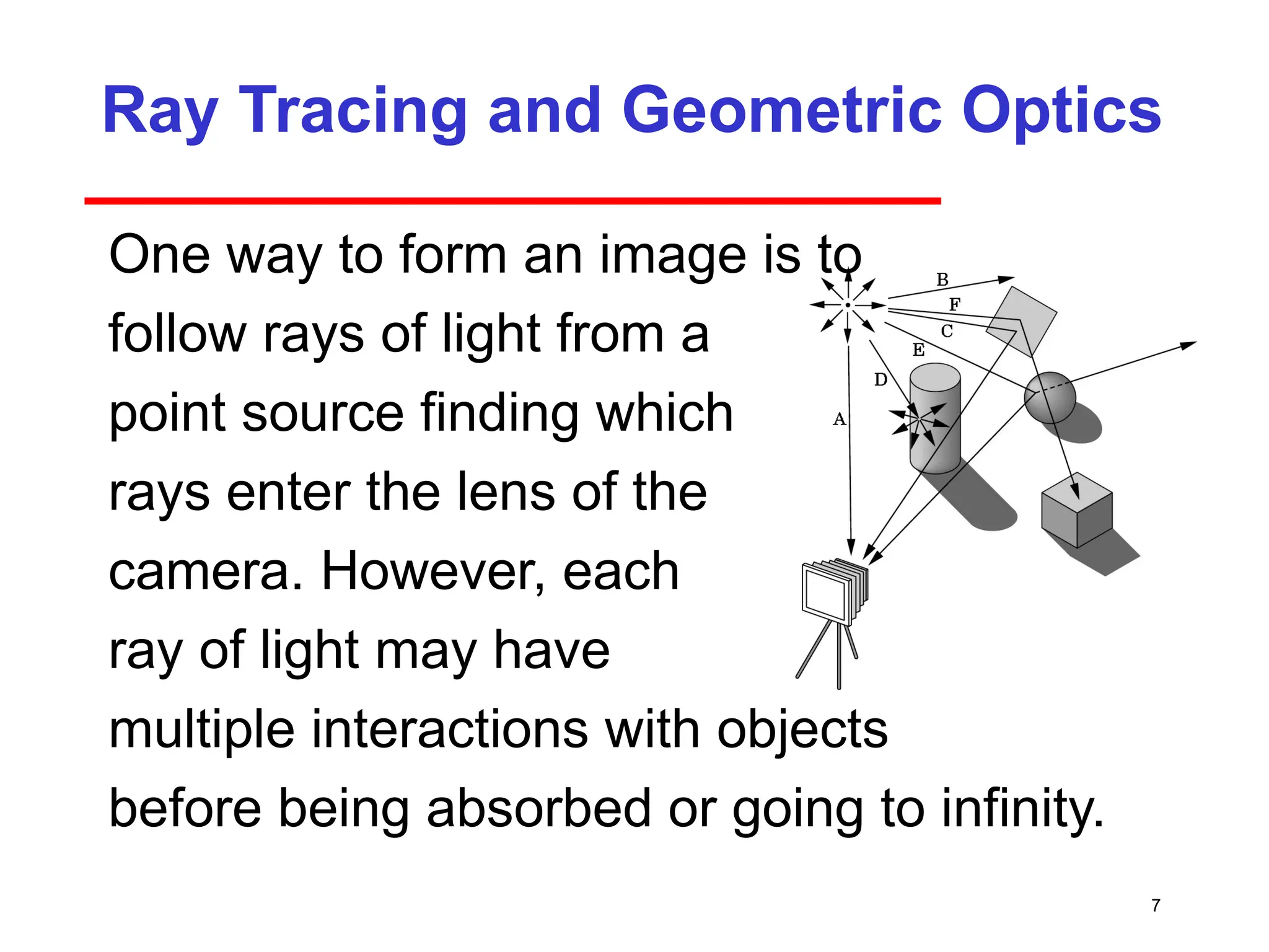 7
Ray Tracing and Geometric Optics
One way to form an image is to
follow rays of light from a
point source finding which
rays enter the lens of the
camera. However, each
ray of light may have
multiple interactions with objects
before being absorbed or going to infinity.
 