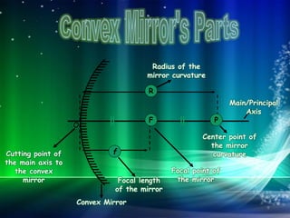 Convex Mirror
O
Cutting point of
the main axis to
the convex
mirror
P
Center point of
the mirror
curvature
F
Focal point of
the mirror
Main/Principal
Axis
R
Radius of the
mirror curvature
f
Focal length
of the mirror
 