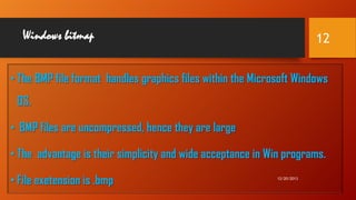 Windows bitmap

12

• The BMP file format handles graphics files within the Microsoft Windows

OS.
• BMP files are uncompressed, hence they are large

• The advantage is their simplicity and wide acceptance in Win programs.
• File exetension is .bmp

12/20/2013

 