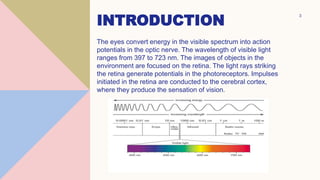 INTRODUCTION
The eyes convert energy in the visible spectrum into action
potentials in the optic nerve. The wavelength of visible light
ranges from 397 to 723 nm. The images of objects in the
environment are focused on the retina. The light rays striking
the retina generate potentials in the photoreceptors. Impulses
initiated in the retina are conducted to the cerebral cortex,
where they produce the sensation of vision.
3
 