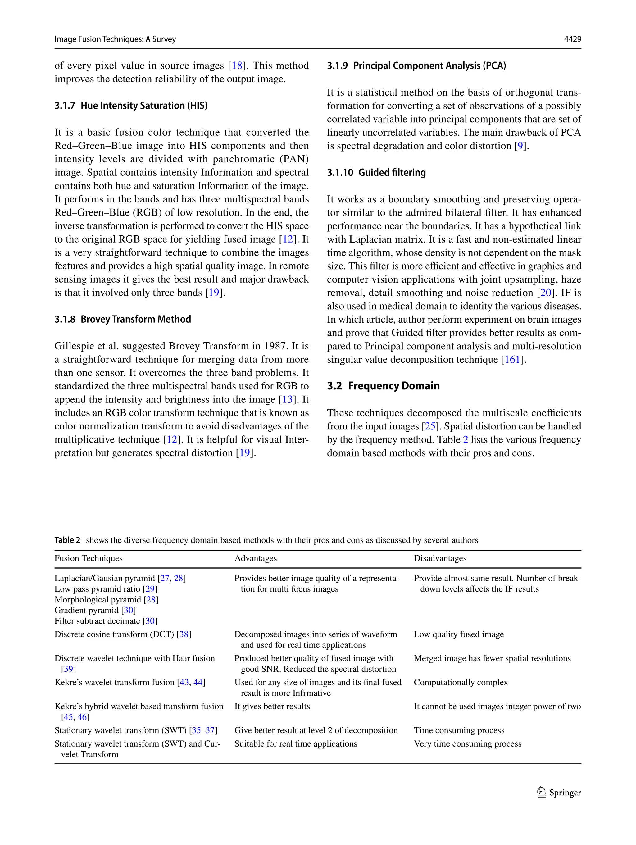 4429
Image Fusion Techniques: A Survey﻿	
1 3
of every pixel value in source images [18]. This method
improves the detection reliability of the output image.
3.1.7 Hue Intensity Saturation (HIS)
It is a basic fusion color technique that converted the
Red–Green–Blue image into HIS components and then
intensity levels are divided with panchromatic (PAN)
image. Spatial contains intensity Information and spectral
contains both hue and saturation Information of the image.
It performs in the bands and has three multispectral bands
Red–Green–Blue (RGB) of low resolution. In the end, the
inverse transformation is performed to convert the HIS space
to the original RGB space for yielding fused image [12]. It
is a very straightforward technique to combine the images
features and provides a high spatial quality image. In remote
sensing images it gives the best result and major drawback
is that it involved only three bands [19].
3.1.8 Brovey Transform Method
Gillespie et al. suggested Brovey Transform in 1987. It is
a straightforward technique for merging data from more
than one sensor. It overcomes the three band problems. It
standardized the three multispectral bands used for RGB to
append the intensity and brightness into the image [13]. It
includes an RGB color transform technique that is known as
color normalization transform to avoid disadvantages of the
multiplicative technique [12]. It is helpful for visual Inter-
pretation but generates spectral distortion [19].
3.1.9 Principal Component Analysis (PCA)
It is a statistical method on the basis of orthogonal trans-
formation for converting a set of observations of a possibly
correlated variable into principal components that are set of
linearly uncorrelated variables. The main drawback of PCA
is spectral degradation and color distortion [9].
3.1.10 Guided filtering
It works as a boundary smoothing and preserving opera-
tor similar to the admired bilateral filter. It has enhanced
performance near the boundaries. It has a hypothetical link
with Laplacian matrix. It is a fast and non-estimated linear
time algorithm, whose density is not dependent on the mask
size. This filter is more efficient and effective in graphics and
computer vision applications with joint upsampling, haze
removal, detail smoothing and noise reduction [20]. IF is
also used in medical domain to identity the various diseases.
In which article, author perform experiment on brain images
and prove that Guided filter provides better results as com-
pared to Principal component analysis and multi-resolution
singular value decomposition technique [161].
3.2 Frequency Domain
These techniques decomposed the multiscale coefficients
from the input images [25]. Spatial distortion can be handled
by the frequency method. Table 2 lists the various frequency
domain based methods with their pros and cons.
Table 2  shows the diverse frequency domain based methods with their pros and cons as discussed by several authors
Fusion Techniques Advantages Disadvantages
Laplacian/Gausian pyramid [27, 28]
Low pass pyramid ratio [29]
Morphological pyramid [28]
Gradient pyramid [30]
Filter subtract decimate [30]
Provides better image quality of a representa-
tion for multi focus images
Provide almost same result. Number of break-
down levels affects the IF results
Discrete cosine transform (DCT) [38] Decomposed images into series of waveform
and used for real time applications
Low quality fused image
Discrete wavelet technique with Haar fusion
[39]
Produced better quality of fused image with
good SNR. Reduced the spectral distortion
Merged image has fewer spatial resolutions
Kekre’s wavelet transform fusion [43, 44] Used for any size of images and its final fused
result is more Infrmative
Computationally complex
Kekre’s hybrid wavelet based transform fusion
[45, 46]
It gives better results It cannot be used images integer power of two
Stationary wavelet transform (SWT) [35–37] Give better result at level 2 of decomposition Time consuming process
Stationary wavelet transform (SWT) and Cur-
velet Transform
Suitable for real time applications Very time consuming process
 
