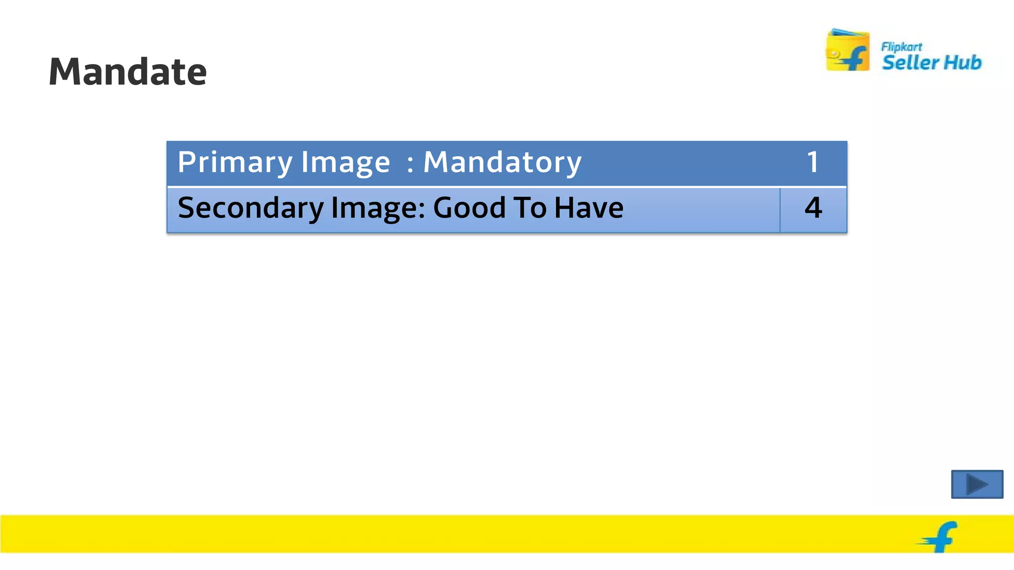 Mandate
Primary Image : Mandatory 1
Secondary Image: Good To Have 4
 