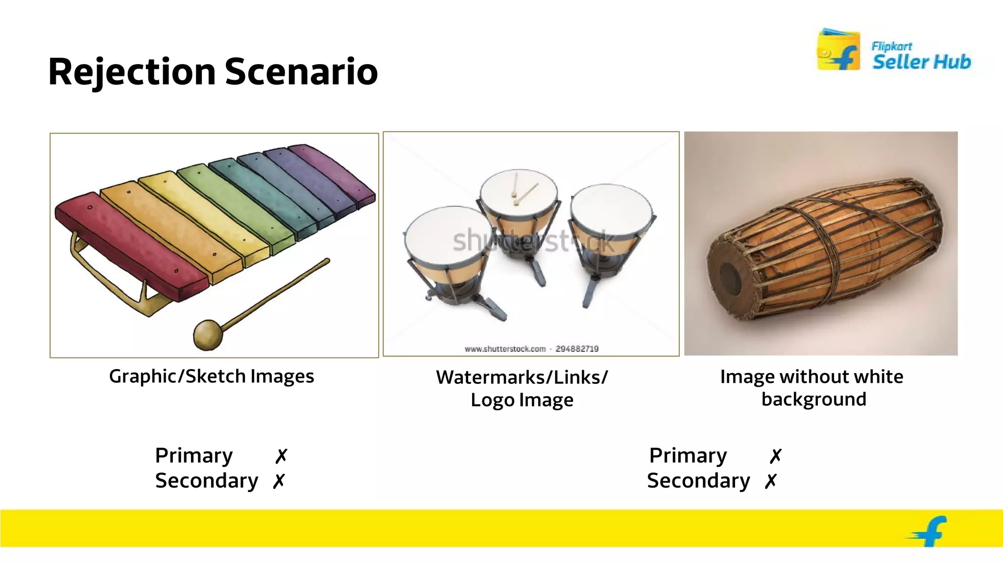 Rejection Scenario
Graphic/Sketch Images Watermarks/Links/
Logo Image
Image without white
background
Primary ✗ Primary ✗
Secondary ✗ Secondary ✗
 