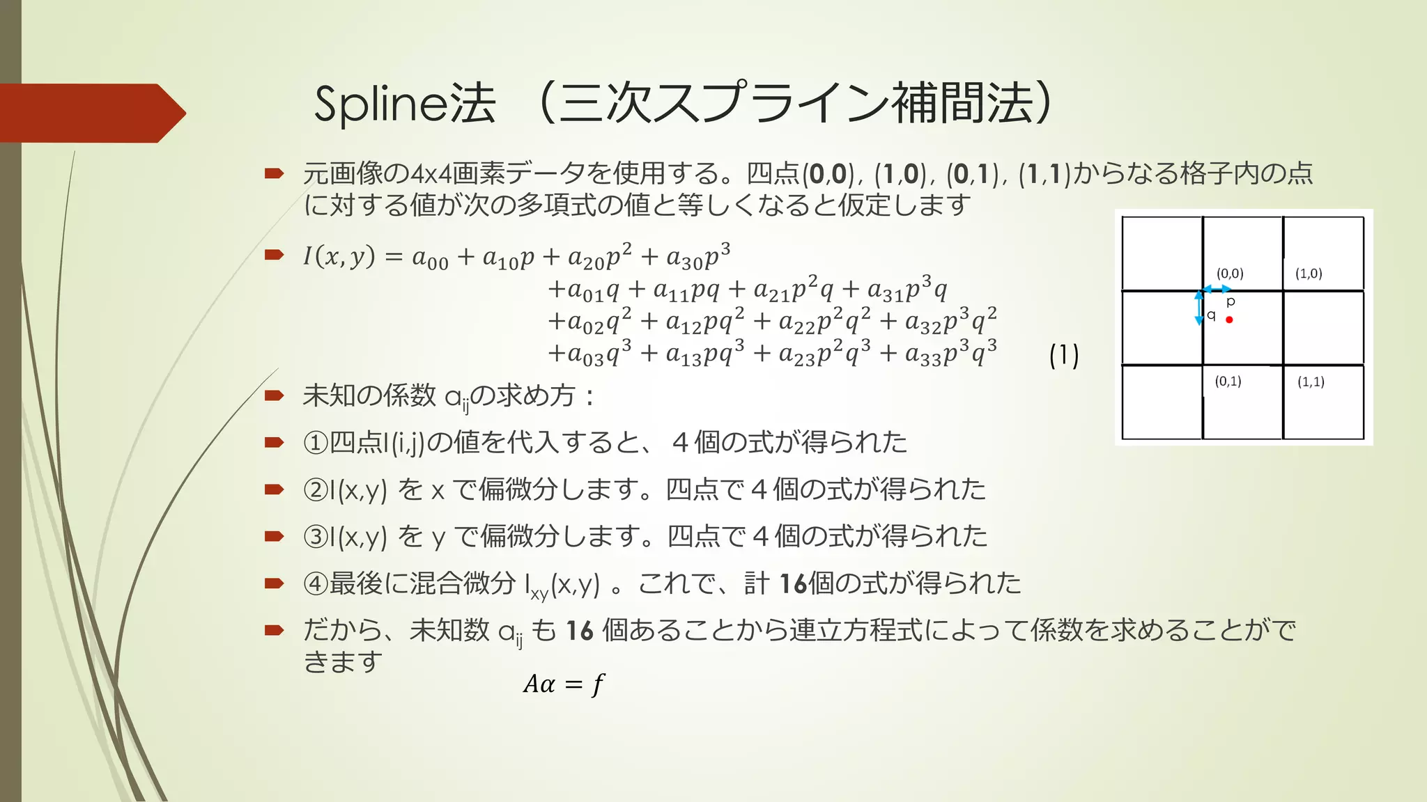 Spline法 （三次スプライン補間法）
 元画像の4x4画素データを使用する。四点(0,0), (1,0), (0,1), (1,1)からなる格子内の点
に対する値が次の多項式の値と等しくなると仮定します
 𝐼 𝑥, 𝑦 = 𝑎00 + 𝑎10 𝑝 + 𝑎20 𝑝2
+ 𝑎30 𝑝3
+𝑎01 𝑞 + 𝑎11 𝑝𝑞 + 𝑎21 𝑝2 𝑞 + 𝑎31 𝑝3 𝑞
+𝑎02 𝑞2
+ 𝑎12 𝑝𝑞2
+ 𝑎22 𝑝2
𝑞2
+ 𝑎32 𝑝3
𝑞2
+𝑎03 𝑞3 + 𝑎13 𝑝𝑞3 + 𝑎23 𝑝2 𝑞3 + 𝑎33 𝑝3 𝑞3
 未知の係数 aijの求め方：
 ①四点I(i,j)の値を代入すると、４個の式が得られた
 ②I(x,y) を x で偏微分します。四点で４個の式が得られた
 ③I(x,y) を y で偏微分します。四点で４個の式が得られた
 ④最後に混合微分 Ixy(x,y) 。これで、計 16個の式が得られた
 だから、未知数 aij も 16 個あることから連立方程式によって係数を求めることがで
きます
p
q
(1)
𝐴𝛼 = 𝑓
 