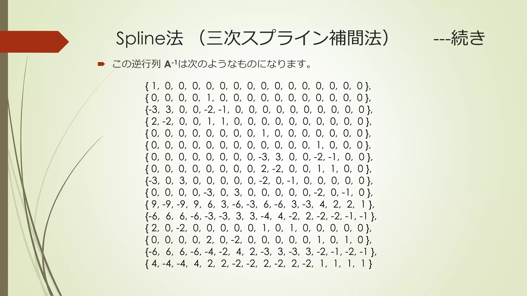 Spline法 （三次スプライン補間法） ---続き
 この逆行列 A-1は次のようなものになります。
{ 1, 0, 0, 0, 0, 0, 0, 0, 0, 0, 0, 0, 0, 0, 0, 0 },
{ 0, 0, 0, 0, 1, 0, 0, 0, 0, 0, 0, 0, 0, 0, 0, 0 },
{-3, 3, 0, 0, -2, -1, 0, 0, 0, 0, 0, 0, 0, 0, 0, 0 },
{ 2, -2, 0, 0, 1, 1, 0, 0, 0, 0, 0, 0, 0, 0, 0, 0 },
{ 0, 0, 0, 0, 0, 0, 0, 0, 1, 0, 0, 0, 0, 0, 0, 0 },
{ 0, 0, 0, 0, 0, 0, 0, 0, 0, 0, 0, 0, 1, 0, 0, 0 },
{ 0, 0, 0, 0, 0, 0, 0, 0, -3, 3, 0, 0, -2, -1, 0, 0 },
{ 0, 0, 0, 0, 0, 0, 0, 0, 2, -2, 0, 0, 1, 1, 0, 0 },
{-3, 0, 3, 0, 0, 0, 0, 0, -2, 0, -1, 0, 0, 0, 0, 0 },
{ 0, 0, 0, 0, -3, 0, 3, 0, 0, 0, 0, 0, -2, 0, -1, 0 },
{ 9, -9, -9, 9, 6, 3, -6, -3, 6, -6, 3, -3, 4, 2, 2, 1 },
{-6, 6, 6, -6, -3, -3, 3, 3, -4, 4, -2, 2, -2, -2, -1, -1 },
{ 2, 0, -2, 0, 0, 0, 0, 0, 1, 0, 1, 0, 0, 0, 0, 0 },
{ 0, 0, 0, 0, 2, 0, -2, 0, 0, 0, 0, 0, 1, 0, 1, 0 },
{-6, 6, 6, -6, -4, -2, 4, 2, -3, 3, -3, 3, -2, -1, -2, -1 },
{ 4, -4, -4, 4, 2, 2, -2, -2, 2, -2, 2, -2, 1, 1, 1, 1 }
 